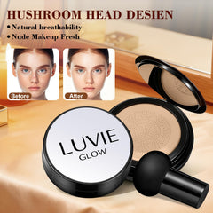 Luvie Glow open compact with cushion and puff, convenient refillable design
