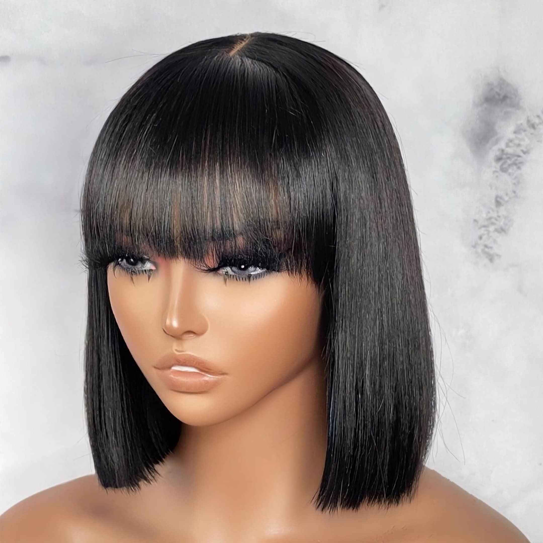 LUVME front view of 10-inch black short bang wig showing natural hairline and style