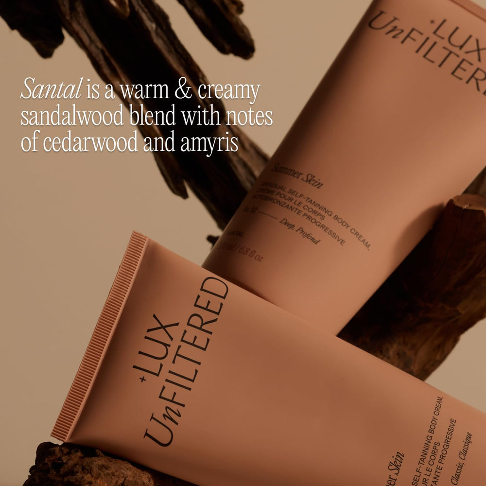 Lux Unfiltered before and after comparison illustrating buildable tan and natural depth benefit