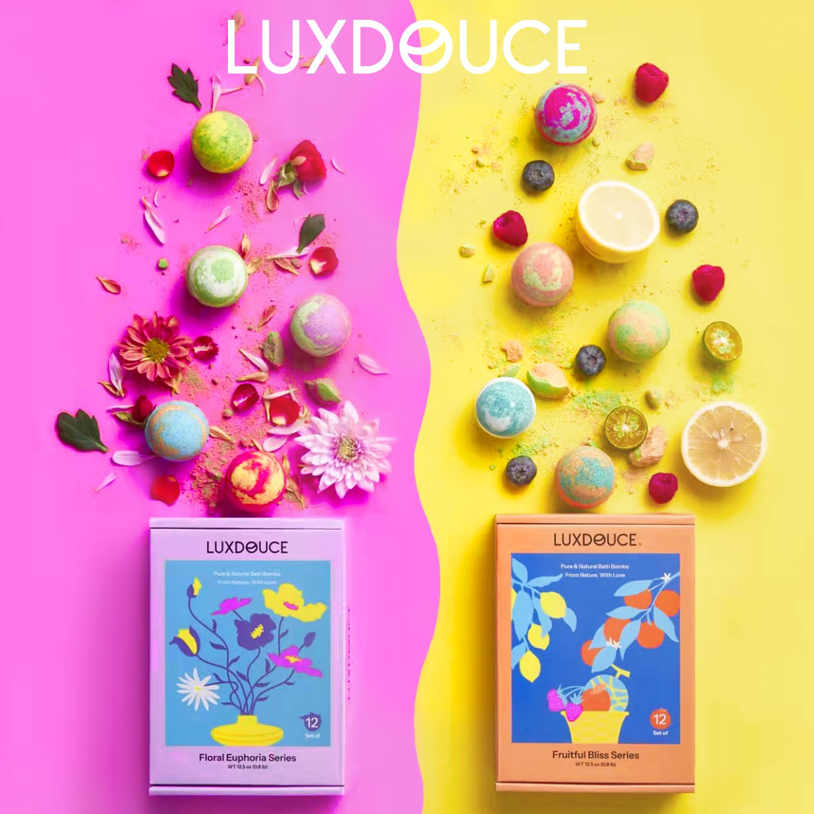 LUXDOUCE close-up of a bath bomb texture showing natural ingredients benefit