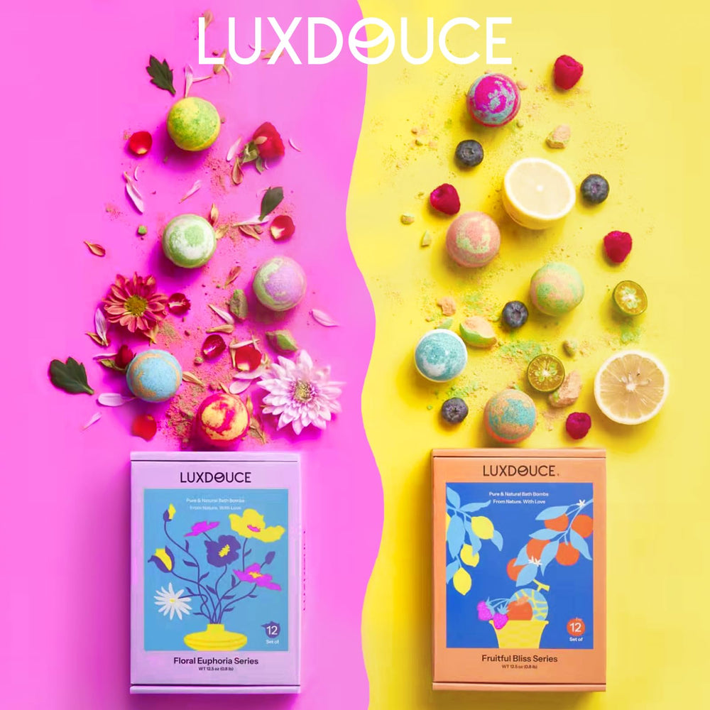 LUXDOUCE close-up of a bath bomb texture showing natural ingredients benefit