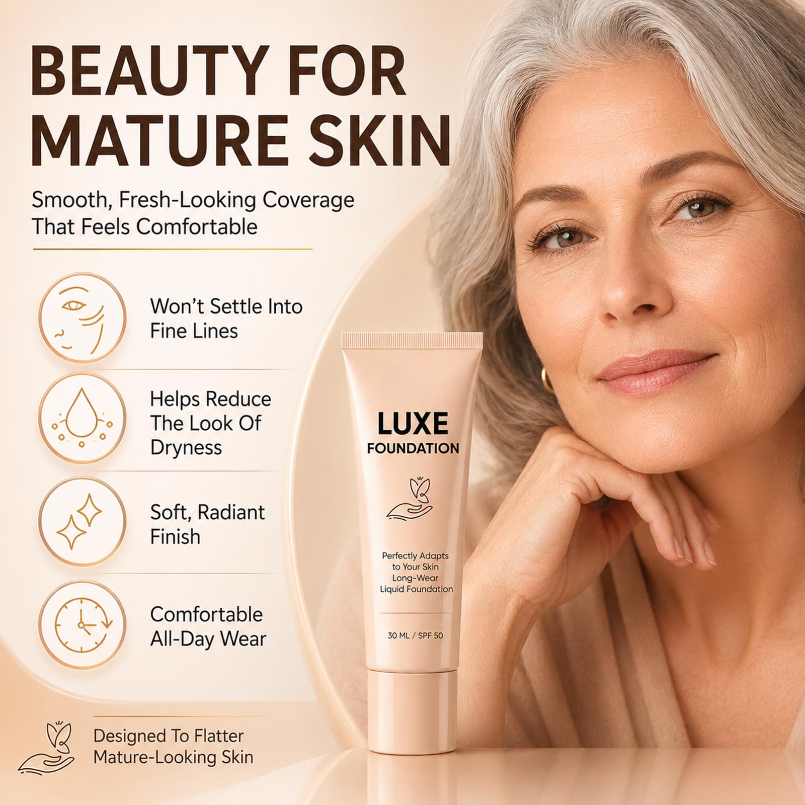 LUXE FOUNDATION blended on hand demonstrating color-changing match benefit