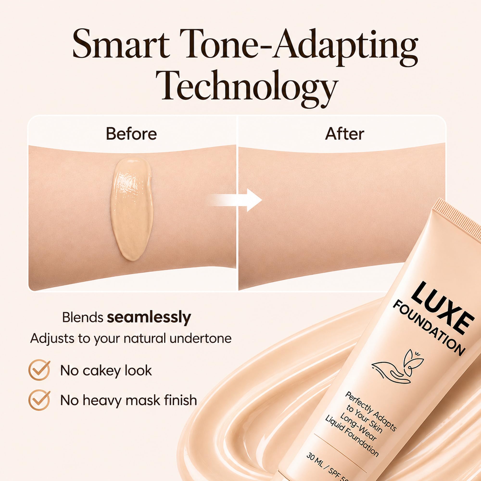 LUXE FOUNDATION being blended with a sponge to show seamless application and natural finish