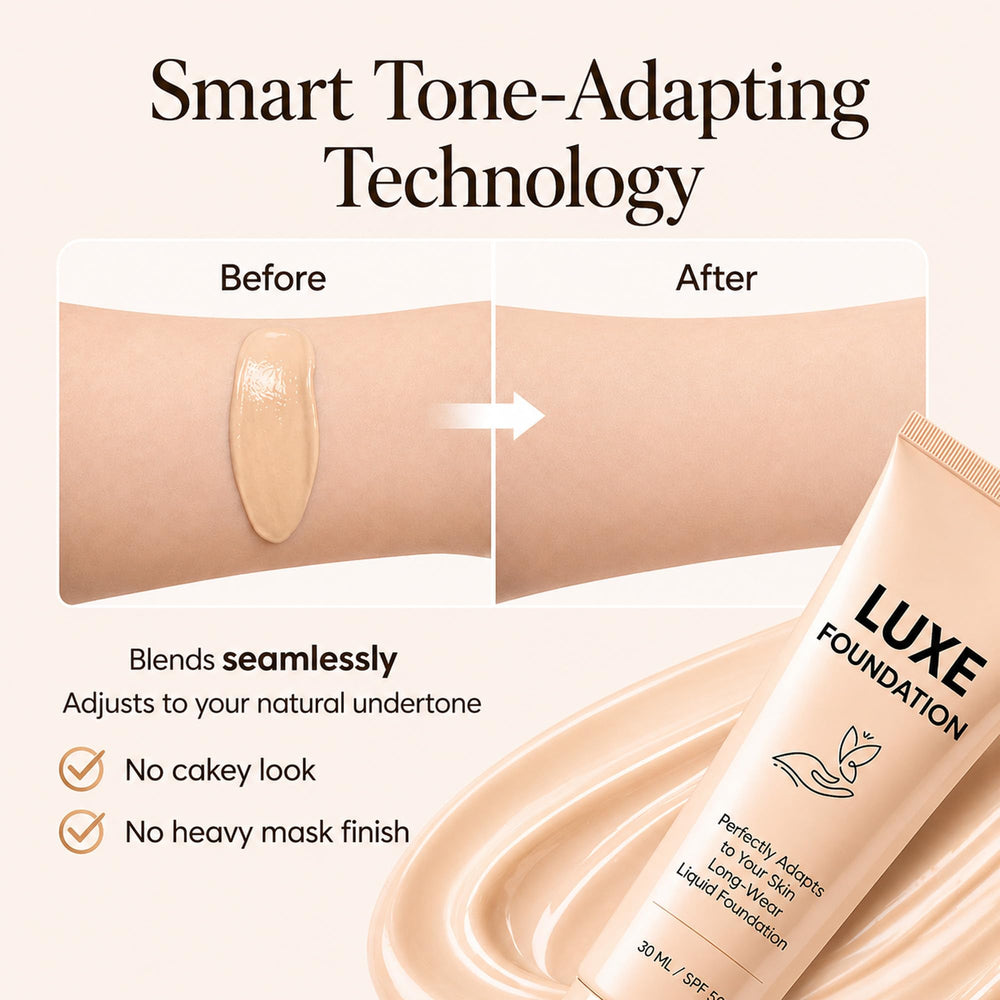 LUXE FOUNDATION being blended with a sponge to show seamless application and natural finish