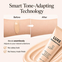 LUXE FOUNDATION being blended with a sponge to show seamless application and natural finish