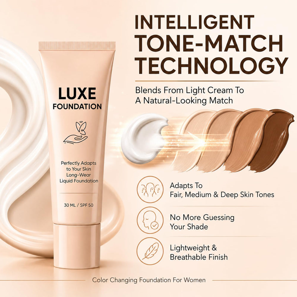 LUXE FOUNDATION close-up on skin finish showing smooth, pore-refined look