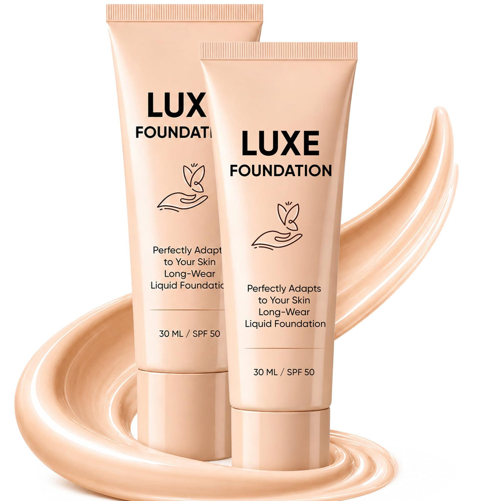 LUXE FOUNDATION front bottle showing 30ml packaging and refined label, highlights portability