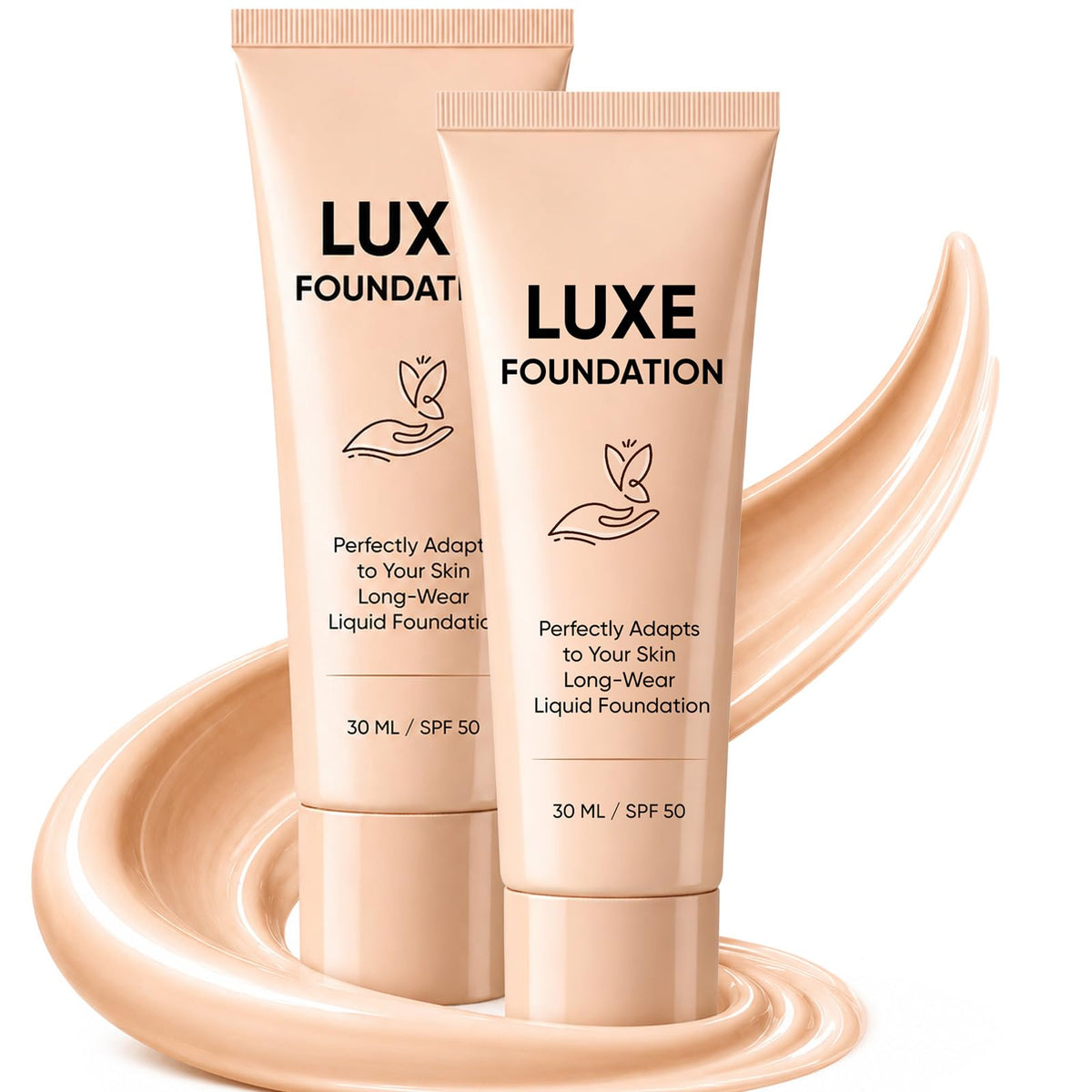 LUXE FOUNDATION front bottle showing 30ml packaging and refined label, highlights portability