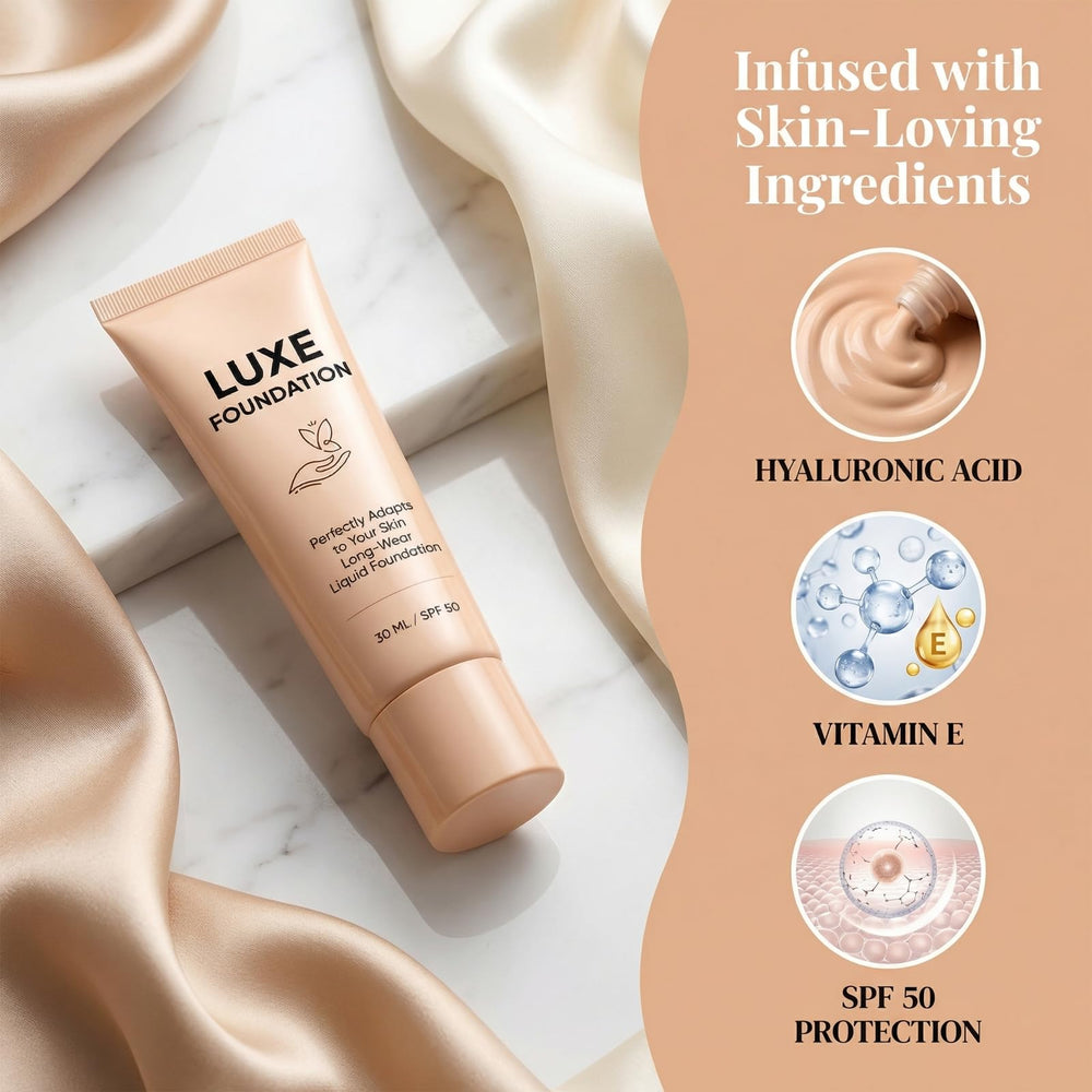 LUXE FOUNDATION with hyaluronic acid visual emphasizing moisture-supporting ingredient benefits
