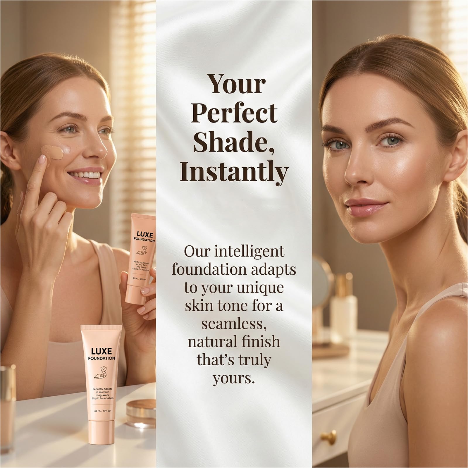 LUXE FOUNDATION applied on mature skin in a lifestyle scene showing smooth, comfortable wear