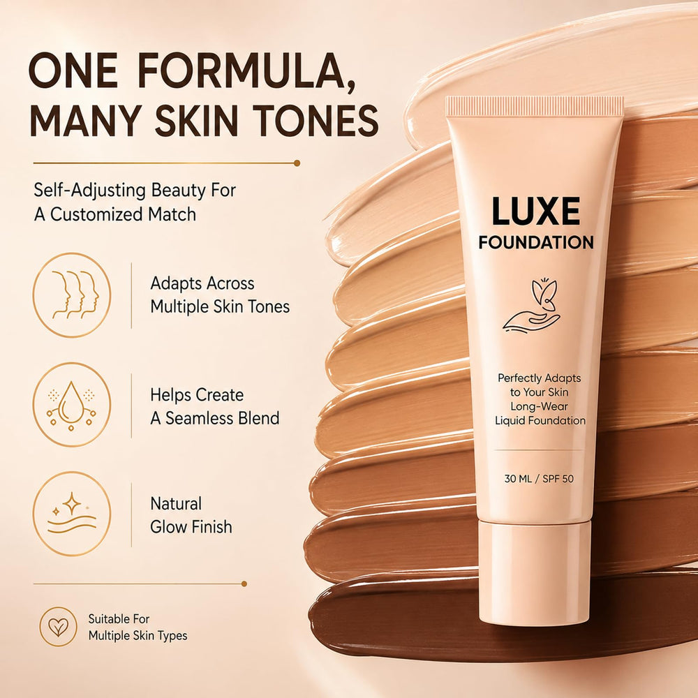 LUXE FOUNDATION lifestyle vanity scene suggesting daily routine ease and glow