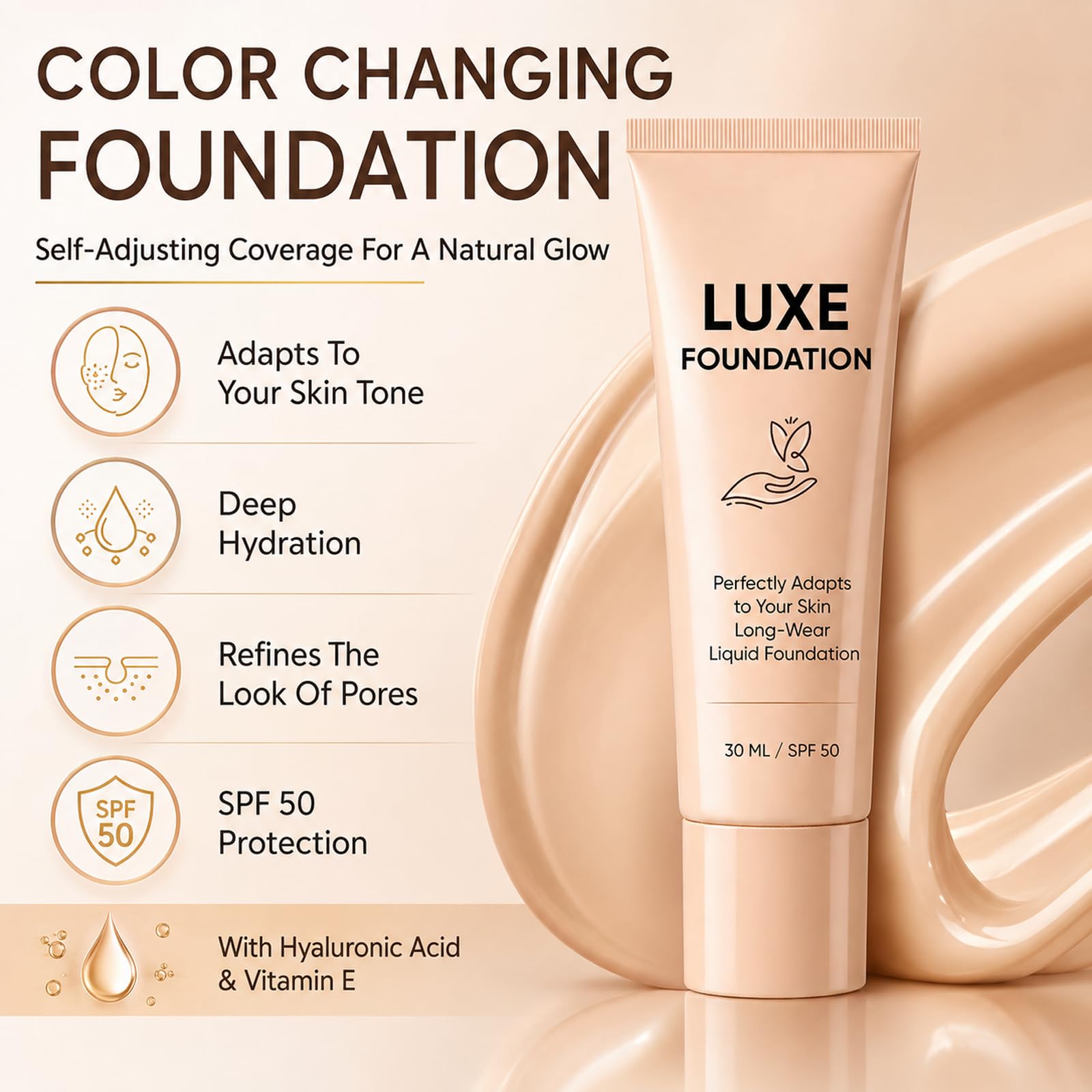 LUXE FOUNDATION pump and cap detail highlighting easy dispensing and hygiene