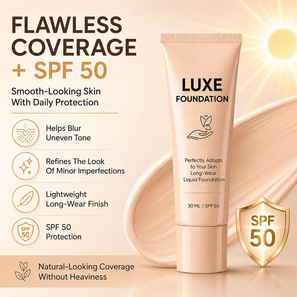 LUXE FOUNDATION size comparison 30ml illustrating travel-friendly compact benefit