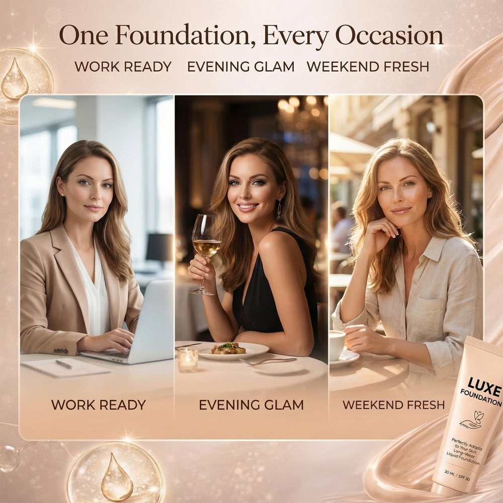 LUXE FOUNDATION next to a common object showing 30 ml size for travel-friendly convenience