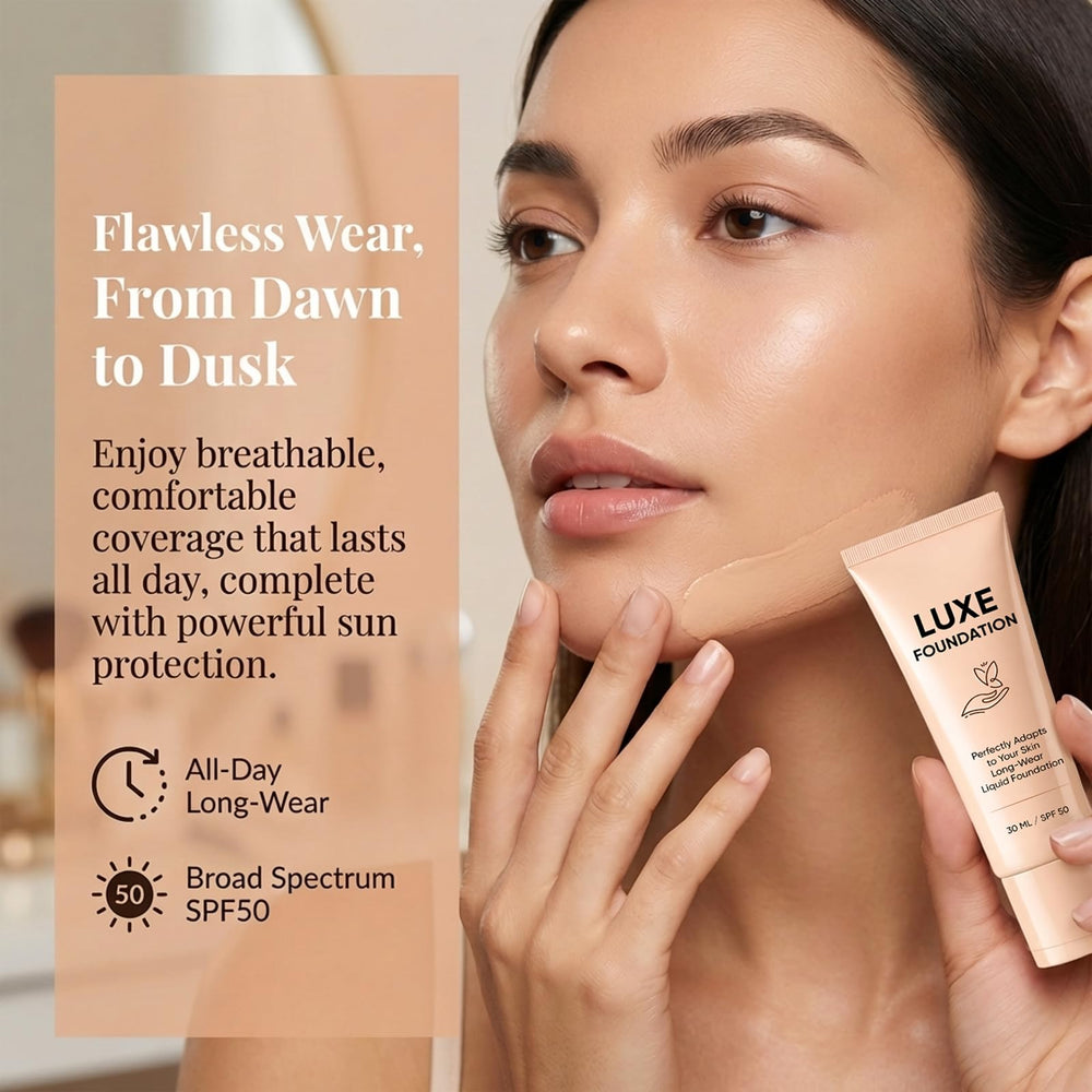LUXE FOUNDATION swatches on arm demonstrating shade adaptation and buildable coverage