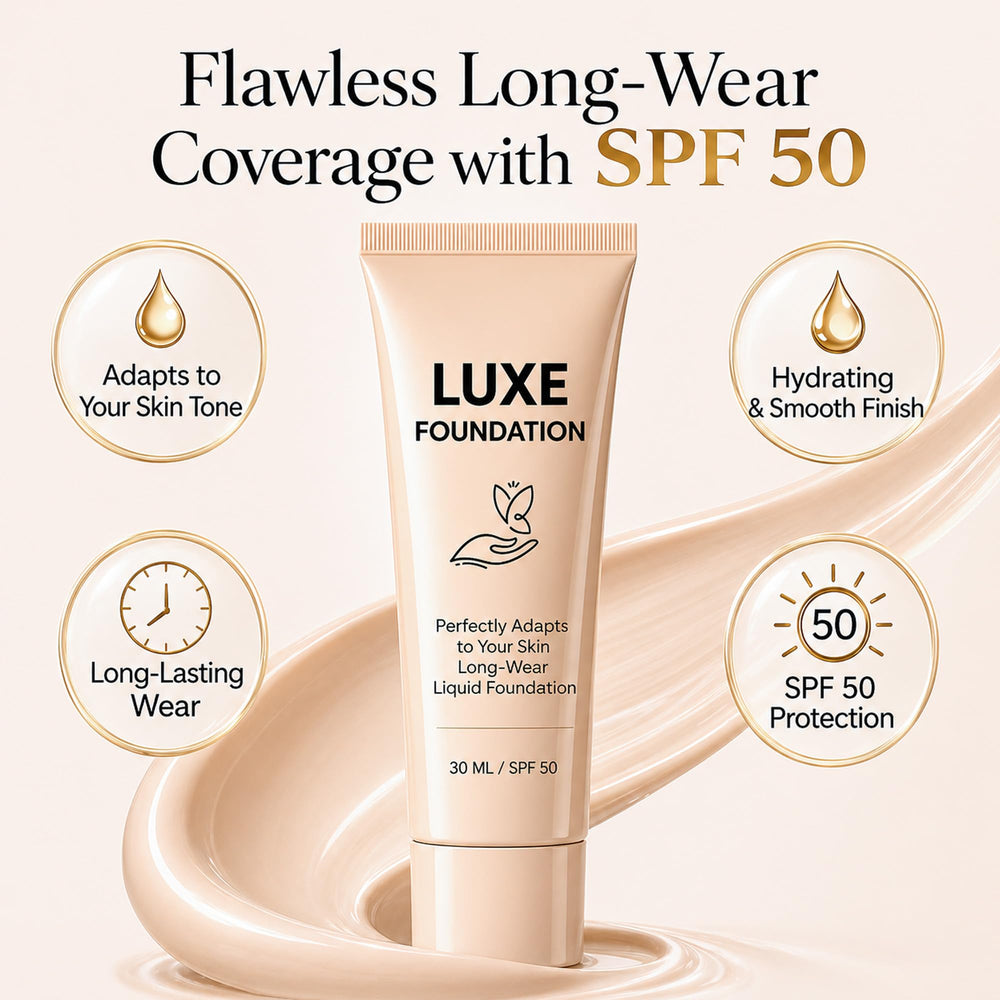 LUXE FOUNDATION texture drop on fingertip showing hydrating consistency and easy blending benefit