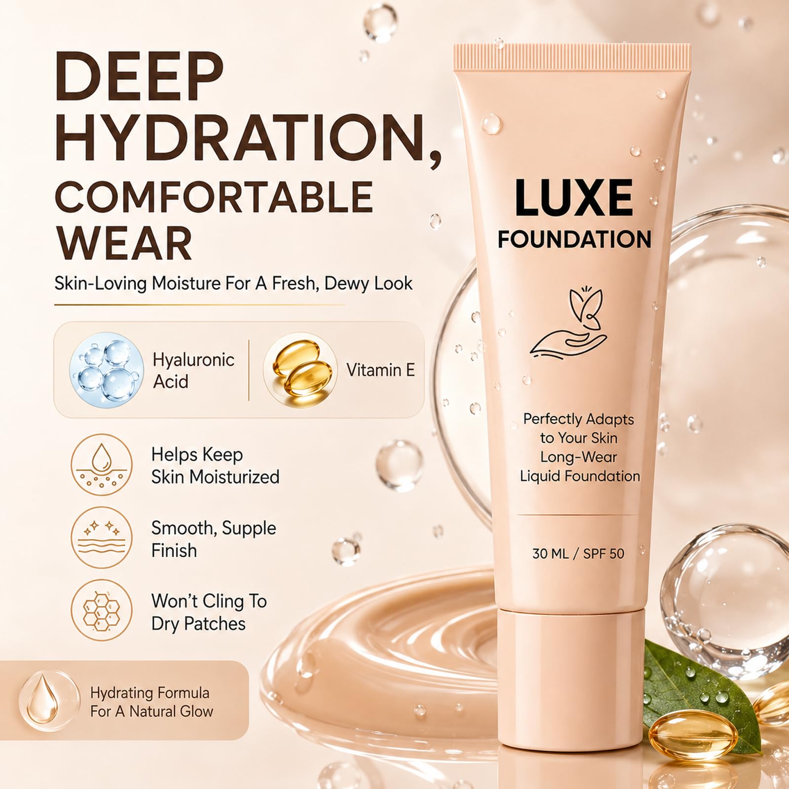 LUXE FOUNDATION texture swipe showing creamy formula and hydrating finish