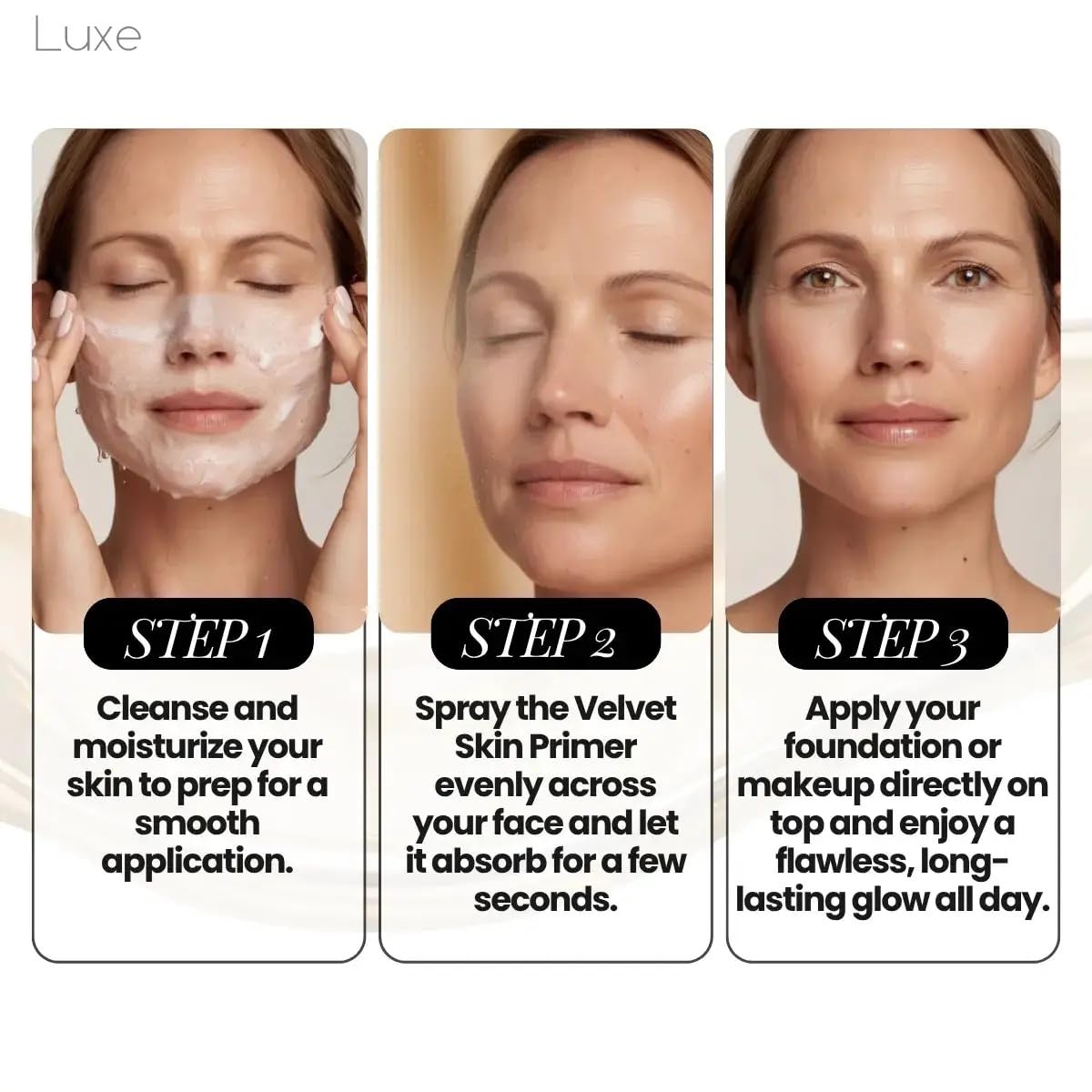 LUXE label close-up highlighting niacinamide and hyaluronic acid benefits