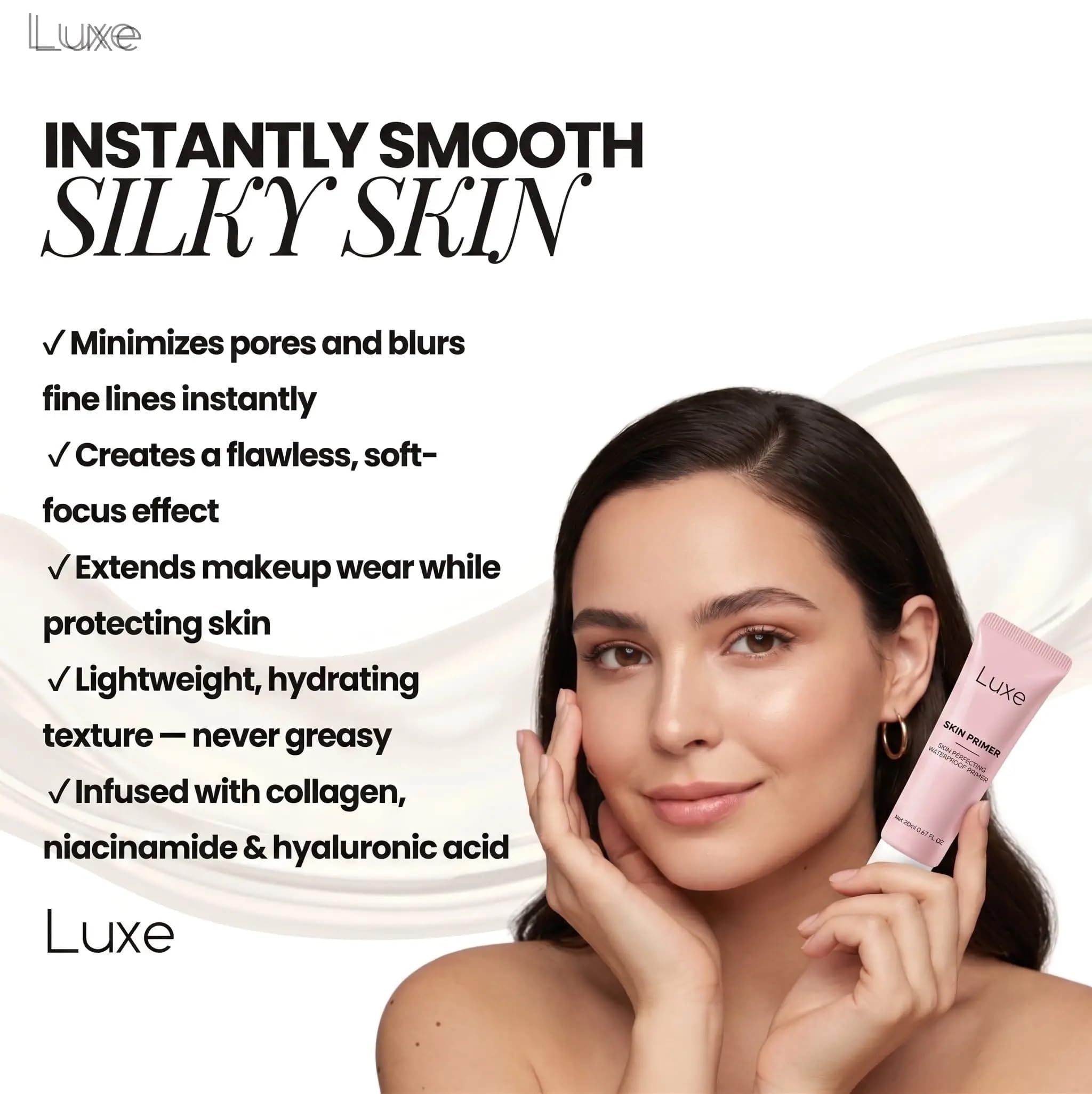 LUXE primer held in hand to show 20ml scale and travel-friendly benefit