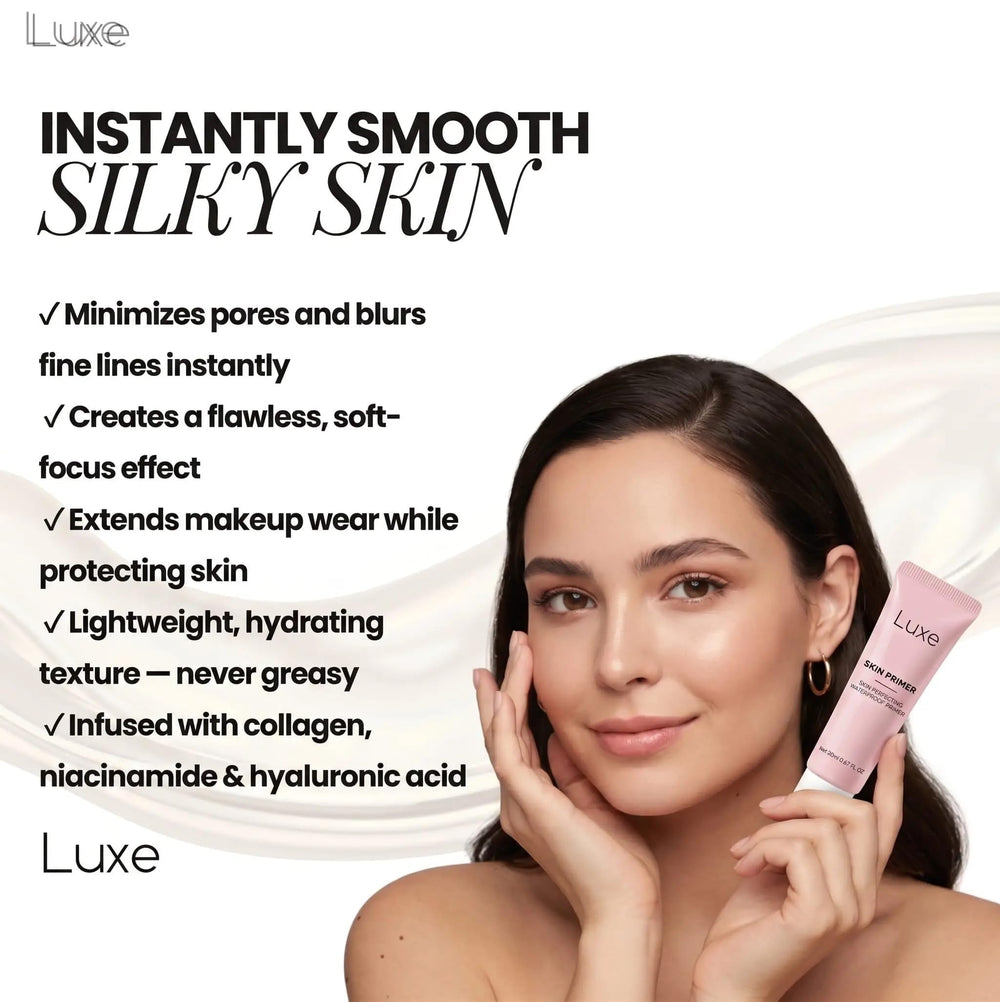LUXE primer held in hand to show 20ml scale and travel-friendly benefit