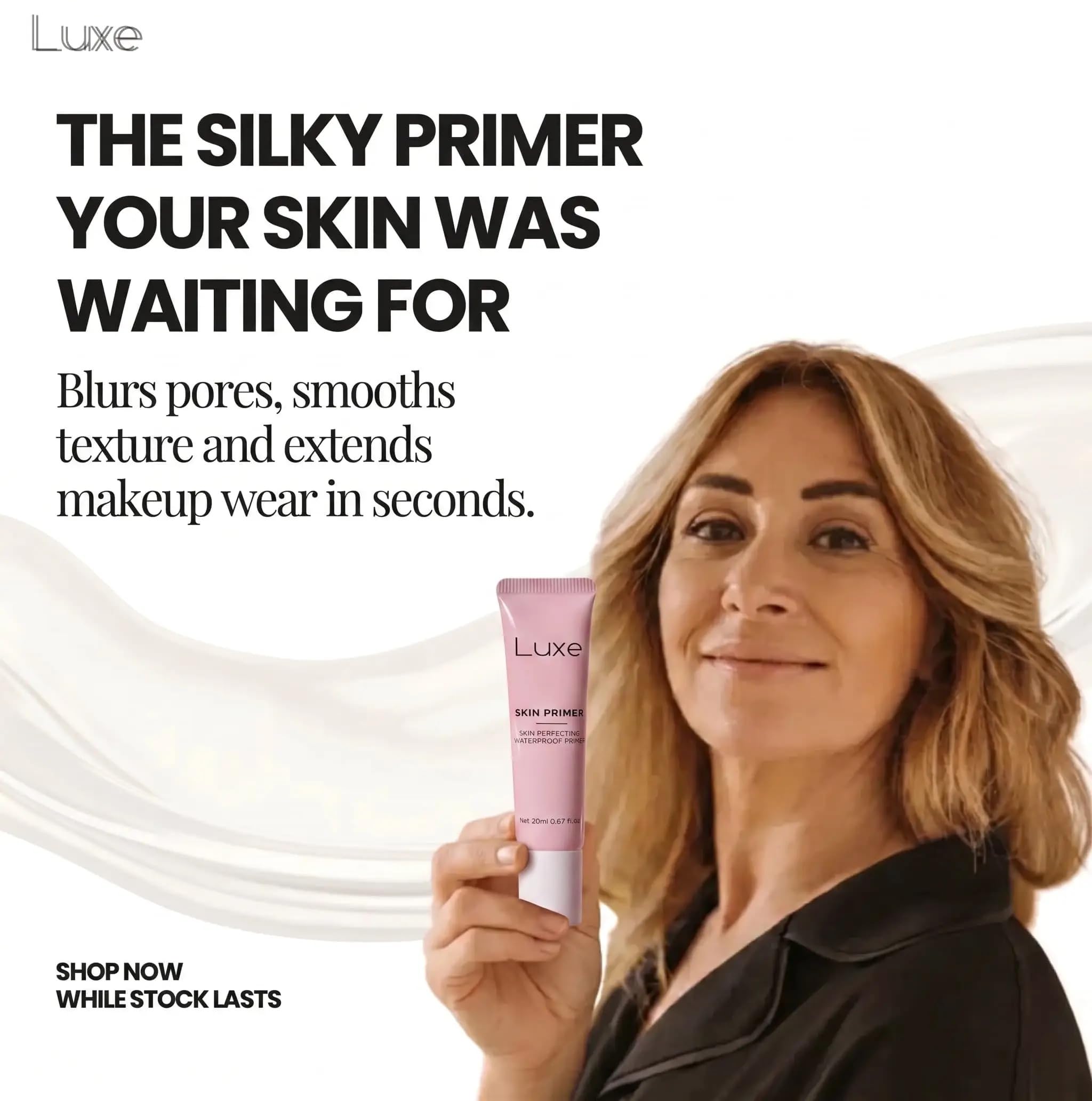 LUXE primer swatched on skin demonstrating instant blur and matte benefit