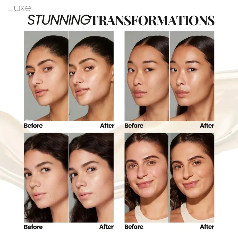 LUXE primer applied under foundation showing improved makeup grip and longevity