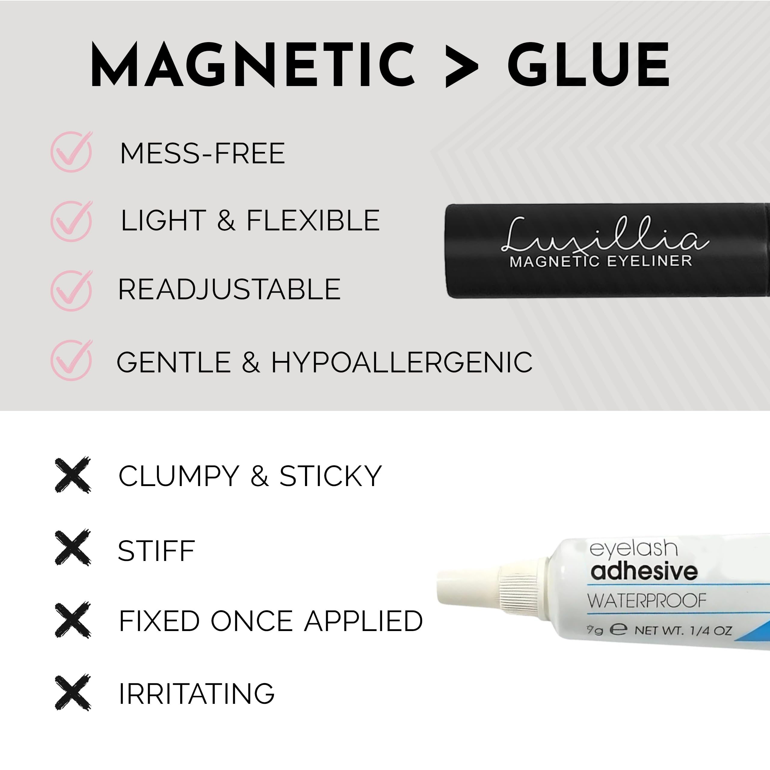 Luxillia magnetic liner and lash band closeup showing waterproof hold advantage