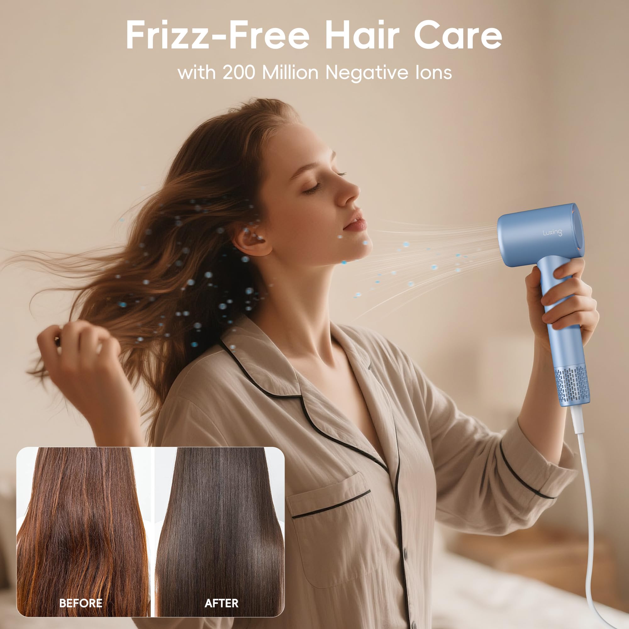 Luxing TurboLux with diffuser attached demonstrating gentle volume and curl-friendly drying benefits