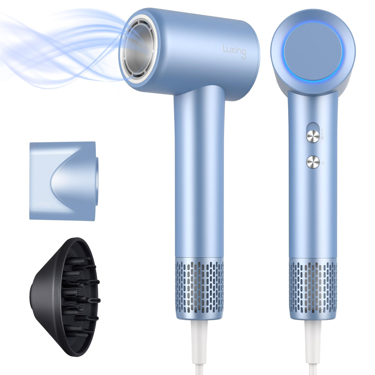 Luxing TurboLux front view showing compact steel blue body and ergonomic handle for comfortable styling