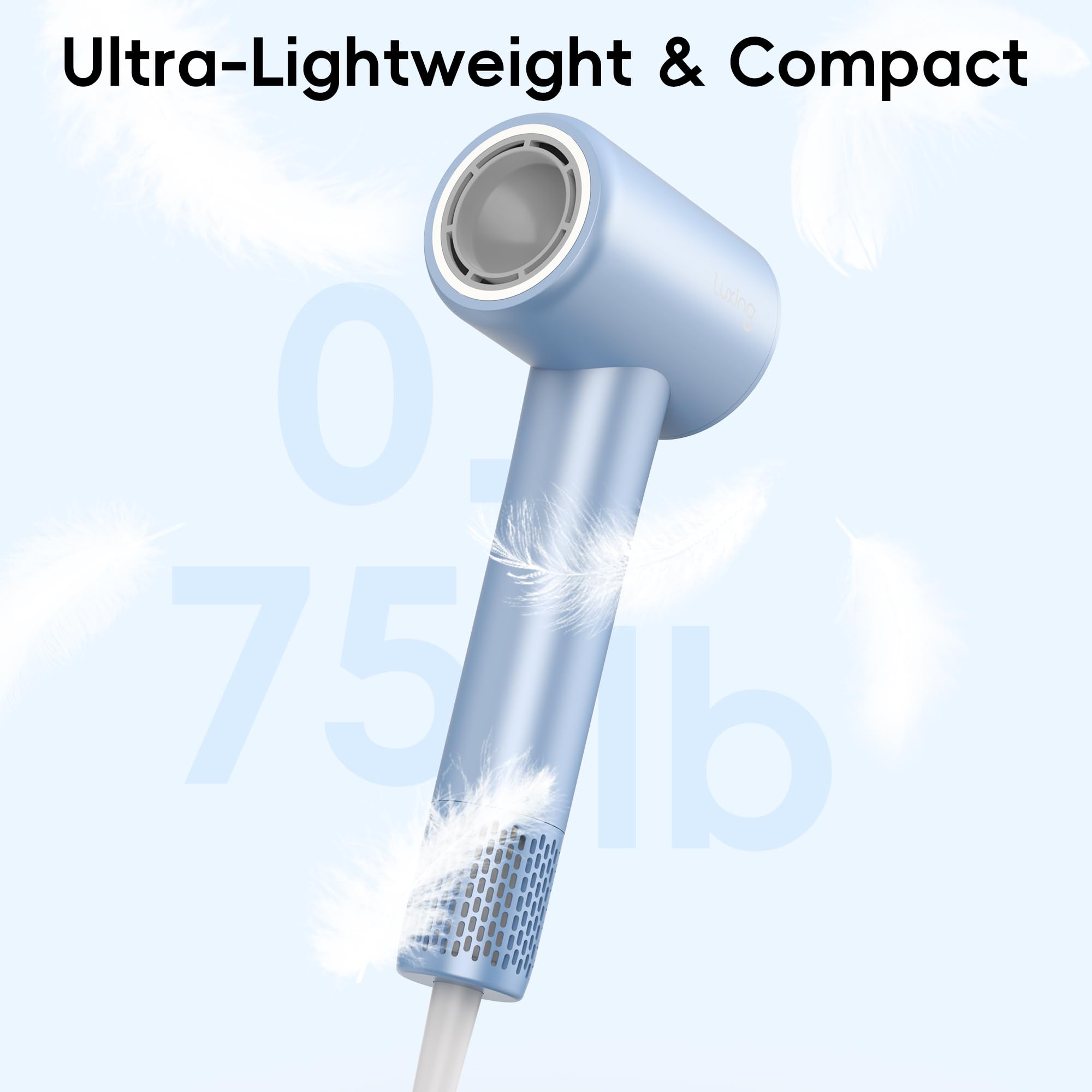 Luxing TurboLux beside a coffee mug showing 0.75 lb lightweight design that reduces arm fatigue