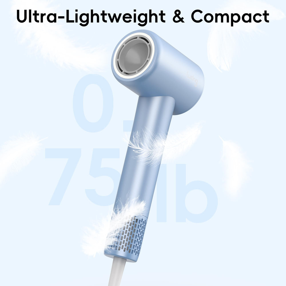 Luxing TurboLux beside a coffee mug showing 0.75 lb lightweight design that reduces arm fatigue