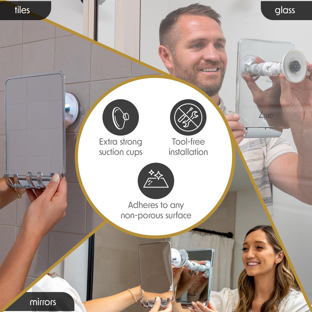 Luxo mirror mounted in shower being used for shaving showing hands-free convenience