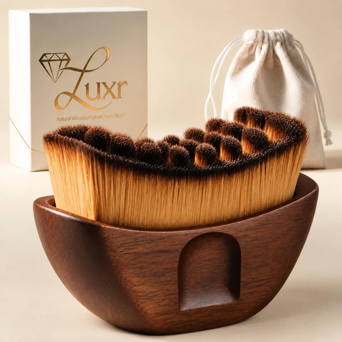 LUXR face brush front view showing elegant design and soft bristles benefit: refined daily ritual