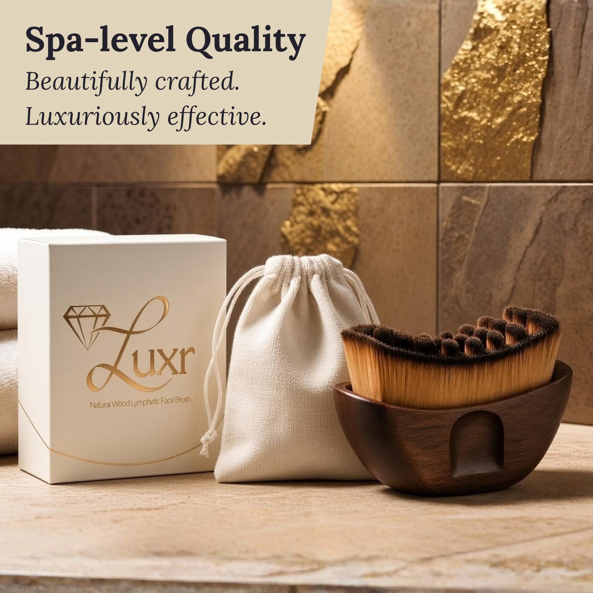 LUXR brush on bathroom vanity in lifestyle scene benefit: elevates daily self-care