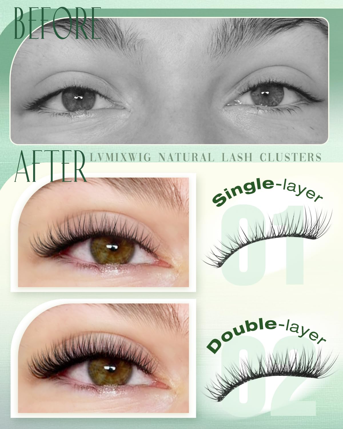 Lvmixwig clusters applied on natural lashes side view for realistic lift benefit