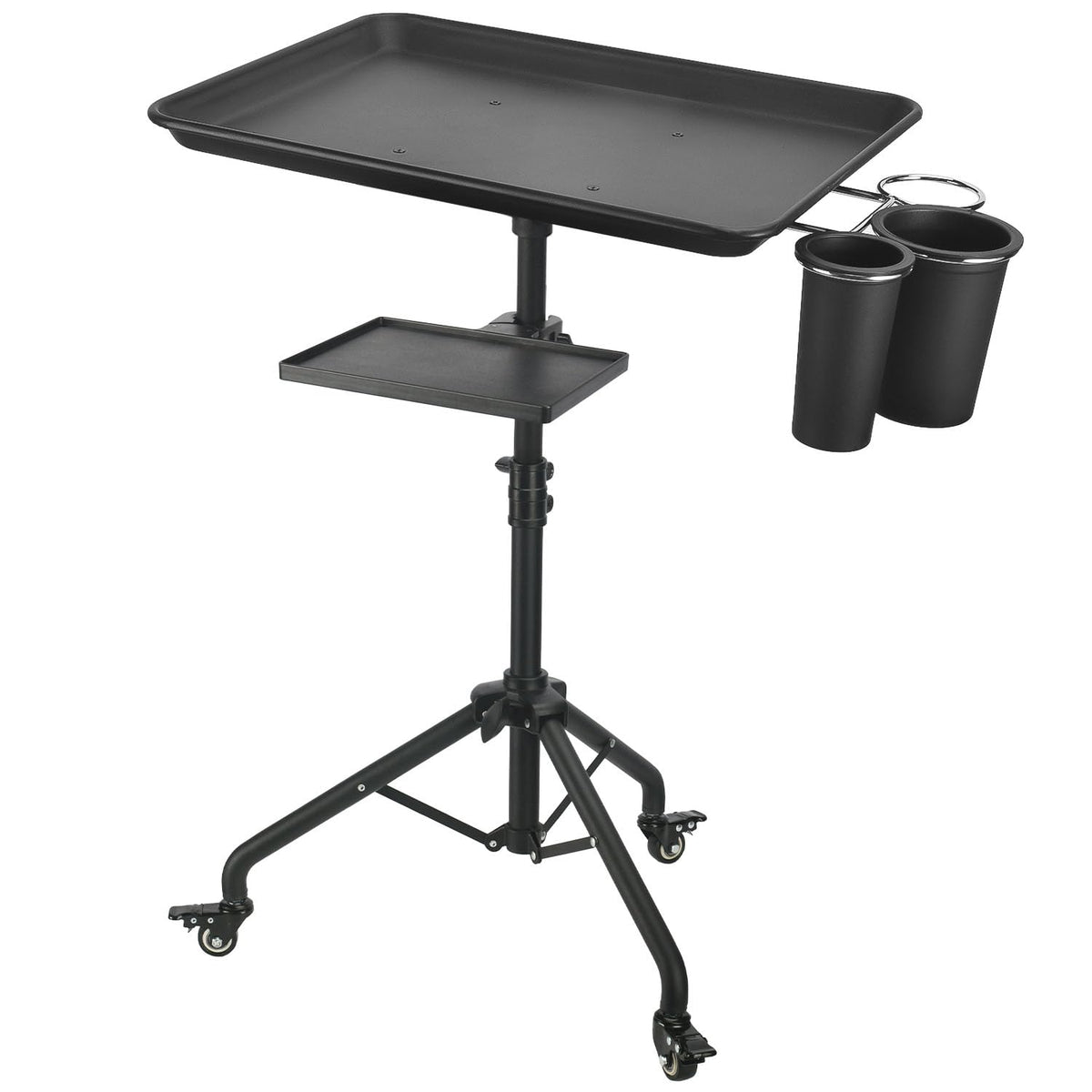LWADALN front view of rolling tray cart shows stable tri-base and aluminum top for durable workspace