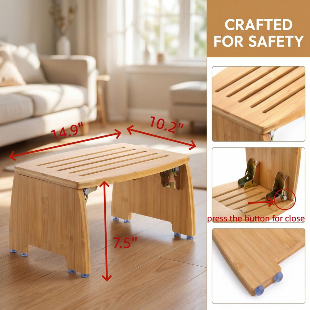 Lyellfe bamboo stool folded profile demonstrating compact storage and portability benefit