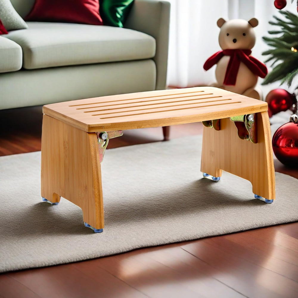 Lyellfe bamboo stool scale next to doorframe showing compact size for easy stashing