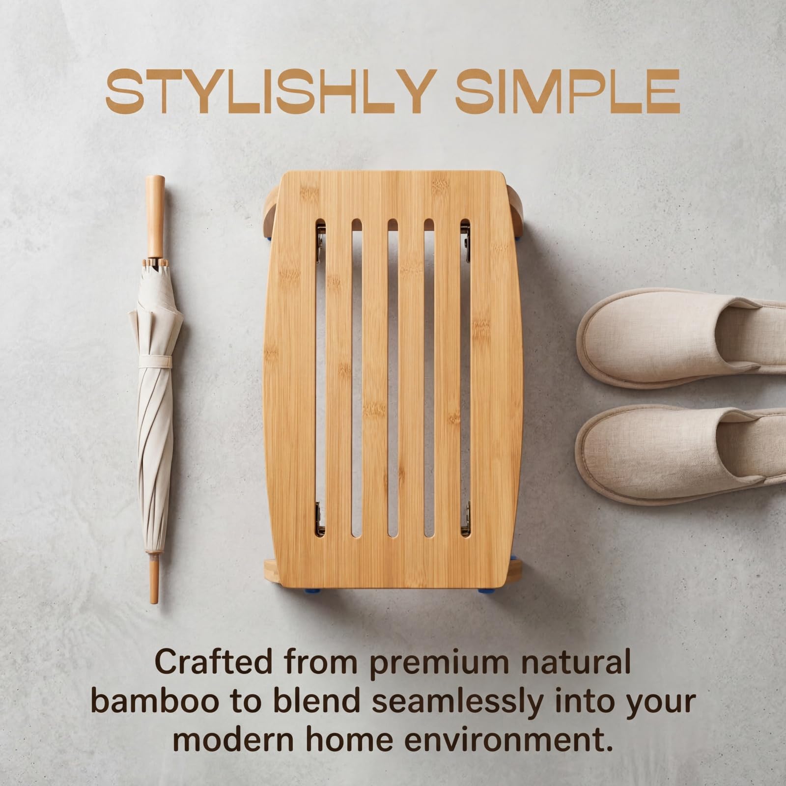 Lyellfe bamboo stool slatted top closeup showing drainage design for faster drying