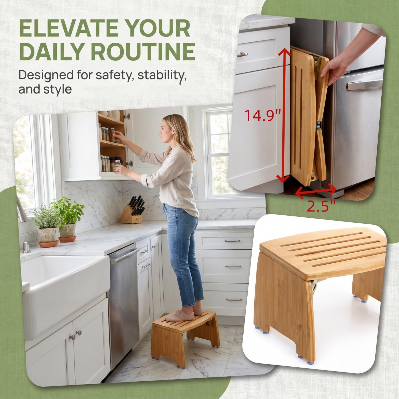 Lyellfe bamboo stool used in shower showing water-resistant slats and comfortable seating