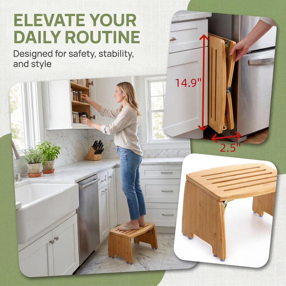 Lyellfe bamboo stool used in shower showing water-resistant slats and comfortable seating