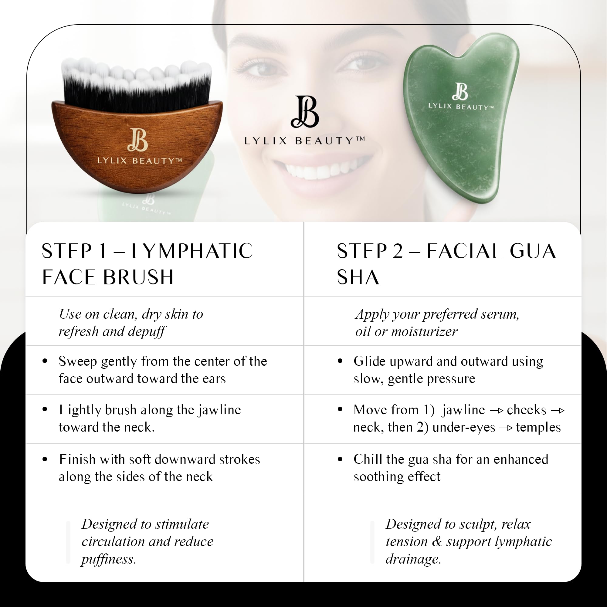 Lylix Beauty brush demonstrating gentle strokes on face, promotes refreshed look