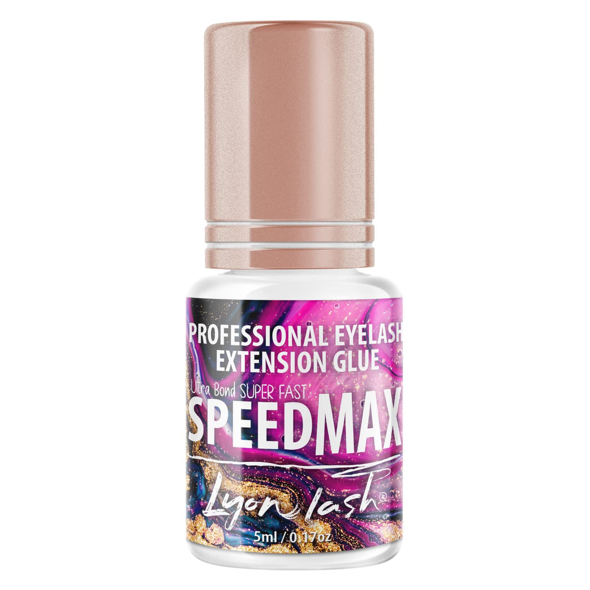 Lyon Lash bottle front view showing professional adhesive branding and fast bonding benefit