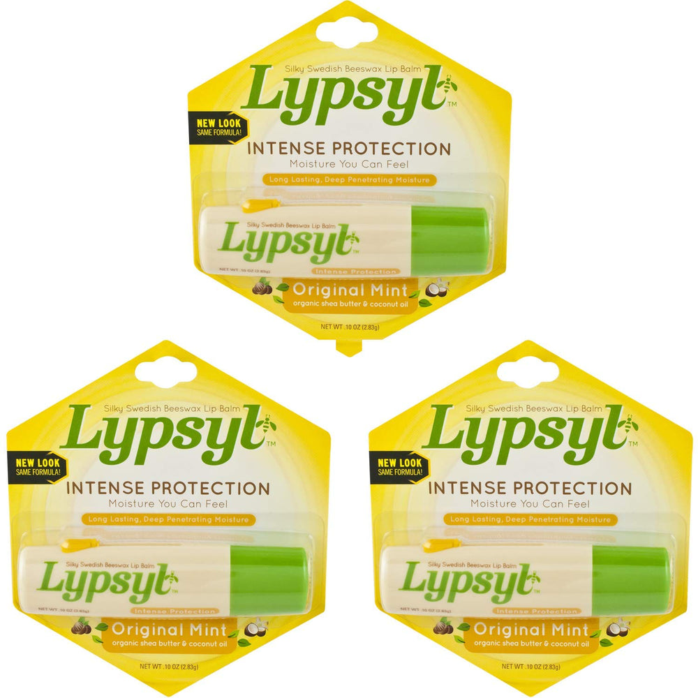 Lypsyl tube front packaging showing mint label and three-pack convenience for quick use