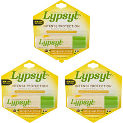 Lypsyl tube front packaging showing mint label and three-pack convenience for quick use