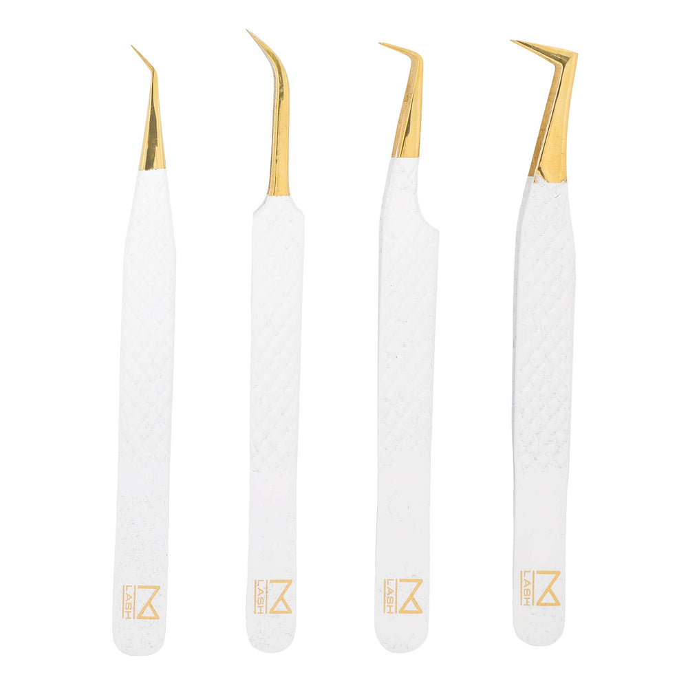 M brand packaging showing the white tweezers set and included tools for professional use