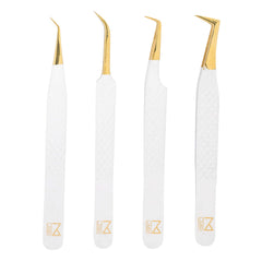 M brand packaging showing the white tweezers set and included tools for professional use