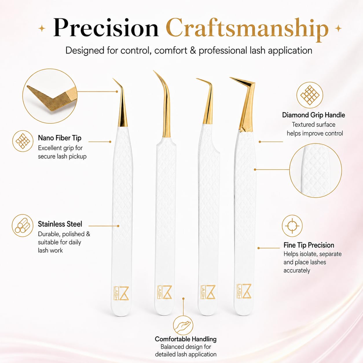 M brand four-piece tweezers set laid out to show different shapes and uses