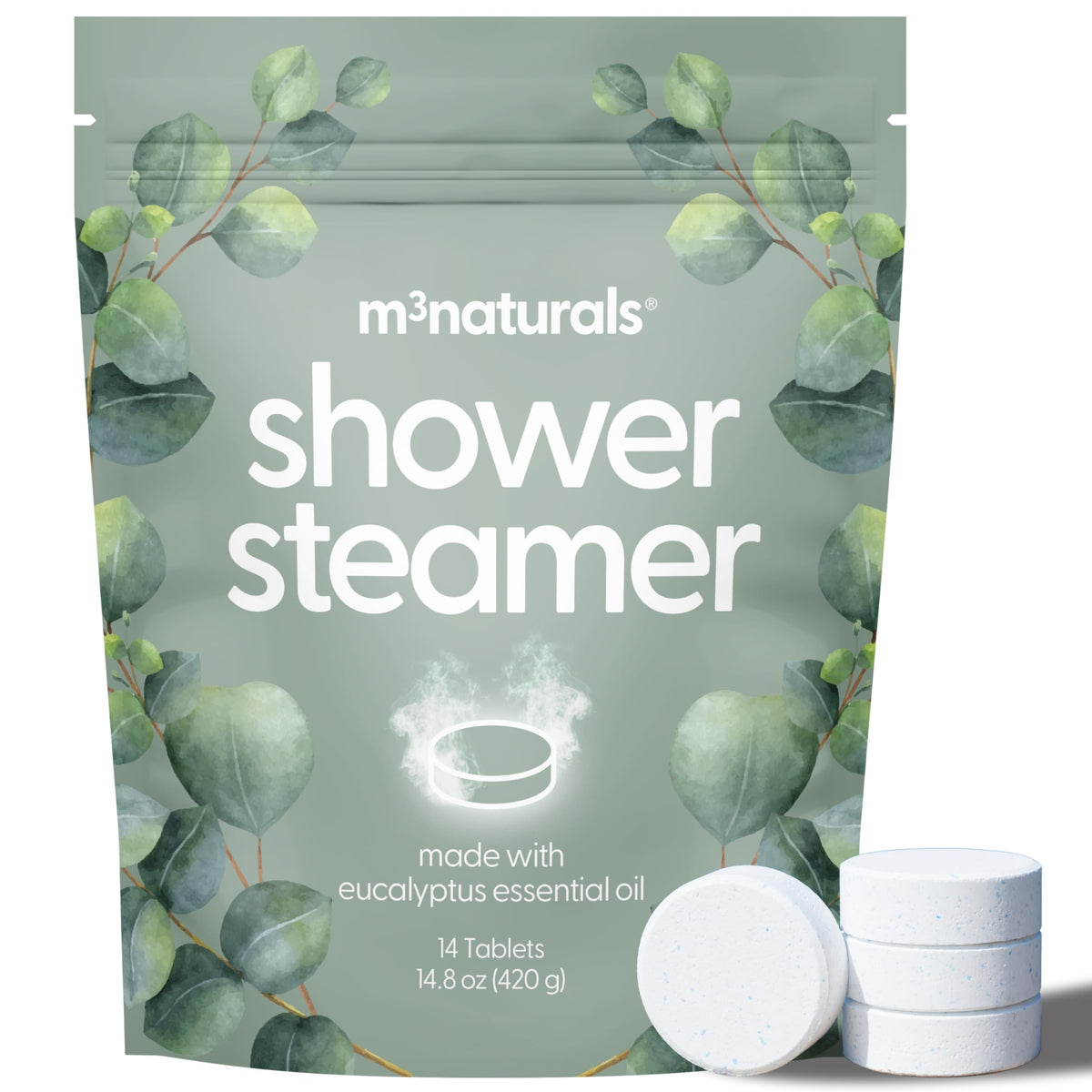 M3 Naturals front packaging showing 14 eucalyptus shower steamers and branding benefit convenience