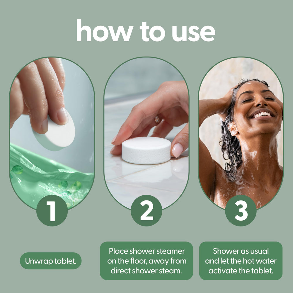 tablet dissolving in warm shower water with steam from M3 Naturals providing invigorating scent